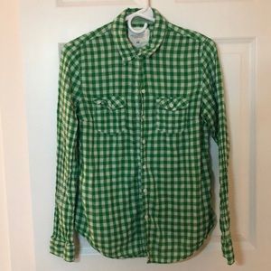 Green Checked Plaid Ruched Button Down